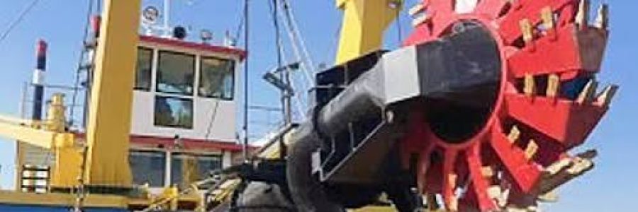 Heavy-duty cutter suction dredger featuring a prominent red rotating cutter head and yellow gantry structure.